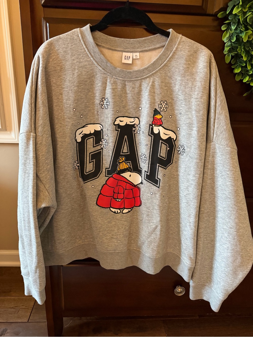 GAP Snoopy Light Gray Sweatshirt with Red Puffer Coat Graphic